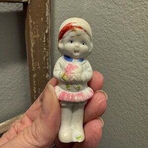 Vintage Bisque Penny Doll in Red Hat & Pink Skirt Flower Bouquet Frozen Japan